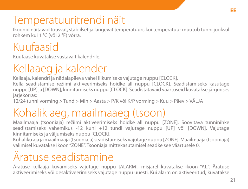 Temperatuuritrendi näit, Kuufaasid, Kellaaeg ja kalender | Kohalik aeg, maailmaaeg (tsoon), Äratuse seadistamine | Acme WW01 User Manual | Page 21 / 48