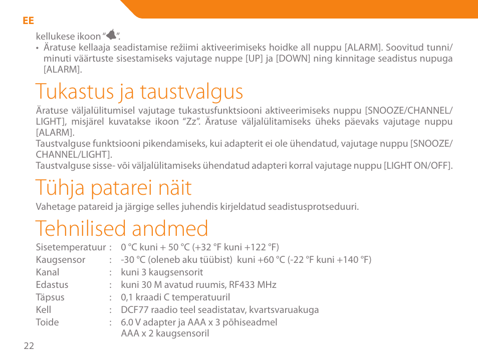 Tukastus ja taustvalgus, Tühja patarei näit, Tehnilised andmed | Acme WW01 User Manual | Page 22 / 48