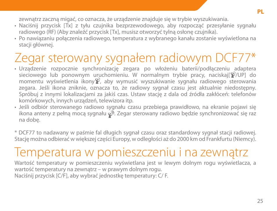 Zegar sterowany sygnałem radiowym dcf77, Temperatura w pomieszczeniu i na zewnątrz | Acme WW01 User Manual | Page 25 / 48