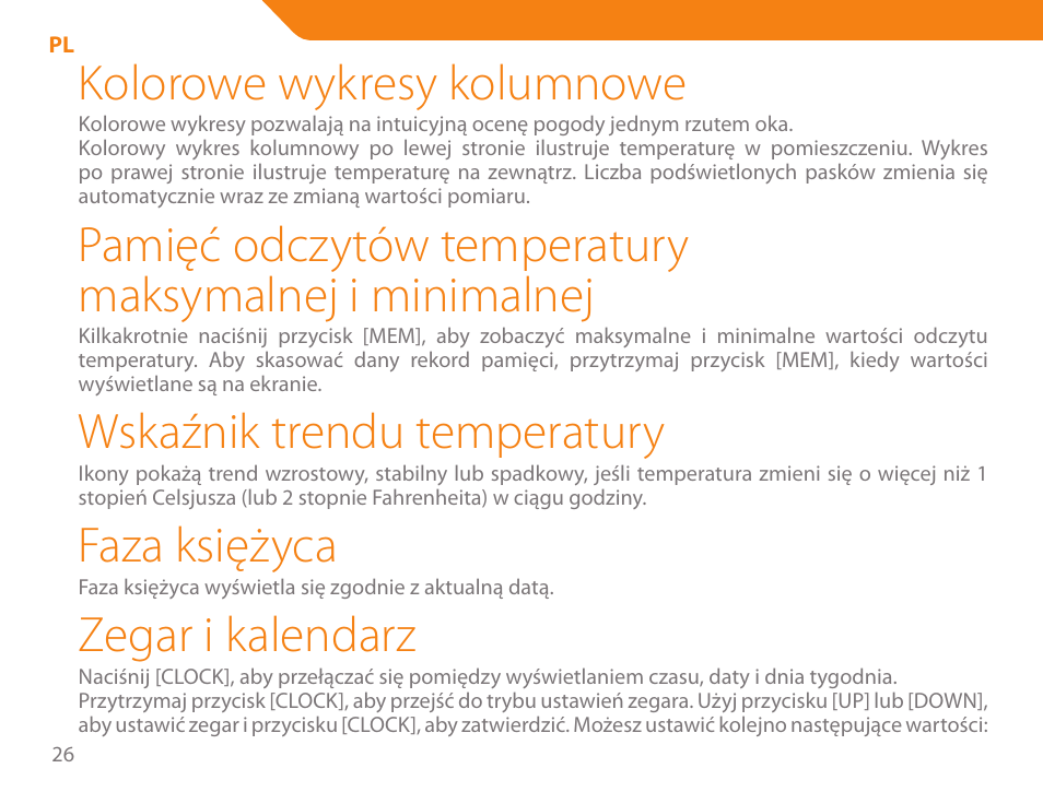 Kolorowe wykresy kolumnowe, Wskaźnik trendu temperatury, Faza księżyca | Zegar i kalendarz | Acme WW01 User Manual | Page 26 / 48