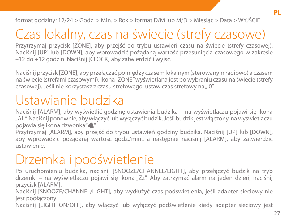 Czas lokalny, czas na świecie (strefy czasowe), Ustawianie budzika, Drzemka i podświetlenie | Acme WW01 User Manual | Page 27 / 48