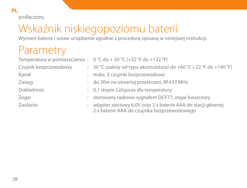 Wskaźnik niskiegopoziomu baterii, Parametry | Acme WW01 User Manual | Page 28 / 48