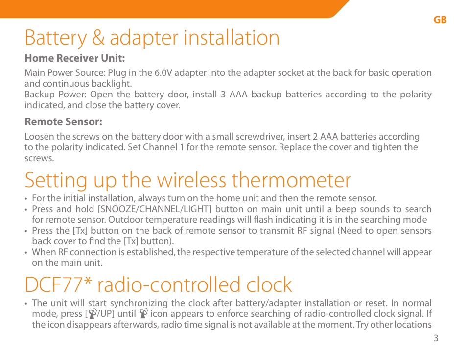 Battery & adapter installation, Setting up the wireless thermometer, Dcf77* radio-controlled clock | Acme WW01 User Manual | Page 3 / 48