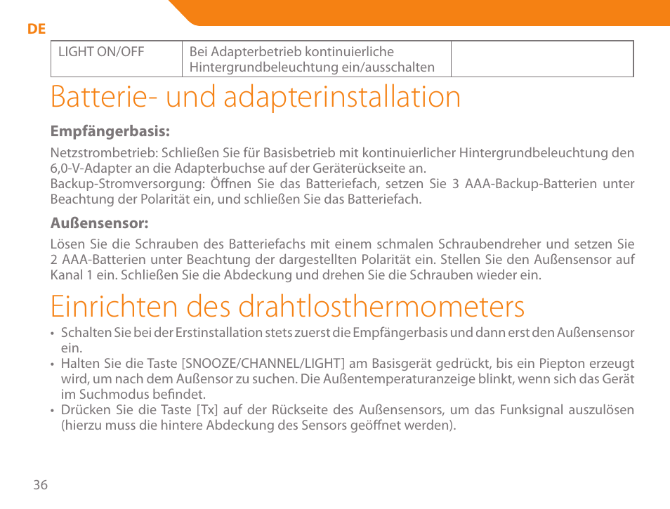 Batterie- und adapterinstallation, Einrichten des drahtlosthermometers | Acme WW01 User Manual | Page 36 / 48