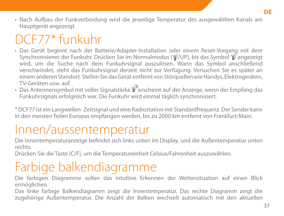 Dcf77* funkuhr, Innen/aussentemperatur, Farbige balkendiagramme | Acme WW01 User Manual | Page 37 / 48
