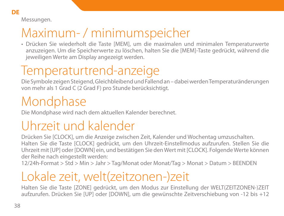 Maximum- / minimumspeicher, Temperaturtrend-anzeige, Mondphase | Uhrzeit und kalender, Lokale zeit, welt(zeitzonen-)zeit | Acme WW01 User Manual | Page 38 / 48