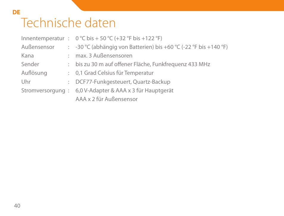 Technische daten | Acme WW01 User Manual | Page 40 / 48