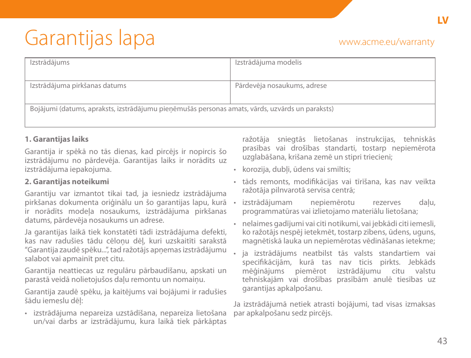 Garantijas lapa | Acme WW01 User Manual | Page 43 / 48