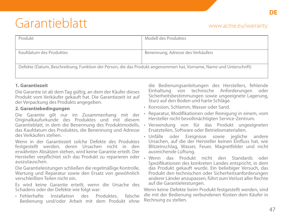Garantieblatt | Acme WW01 User Manual | Page 47 / 48