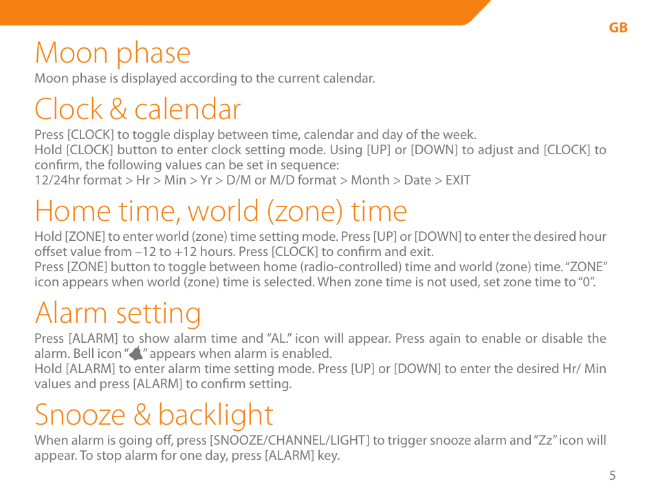 Moon phase, Clock & calendar, Home time, world (zone) time | Alarm setting, Snooze & backlight | Acme WW01 User Manual | Page 5 / 48
