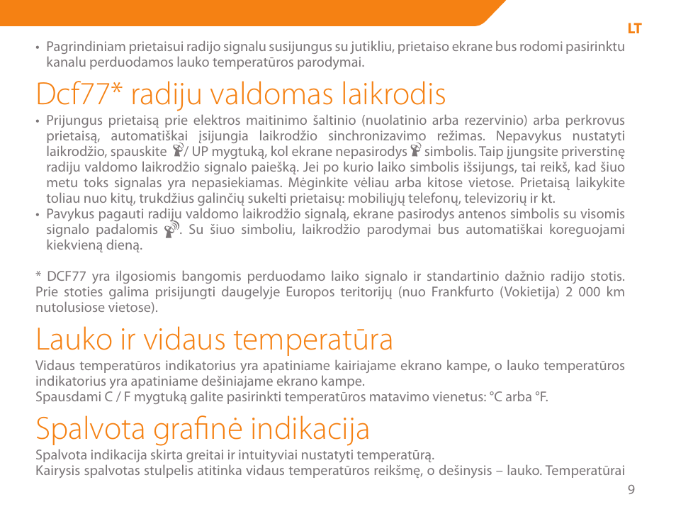 Dcf77* radiju valdomas laikrodis, Lauko ir vidaus temperatūra, Spalvota grafinė indikacija | Acme WW01 User Manual | Page 9 / 48