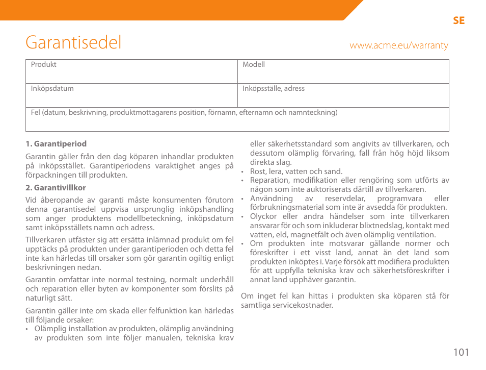 Garantisedel, 101 se | Acme GE100 User Manual | Page 101 / 106