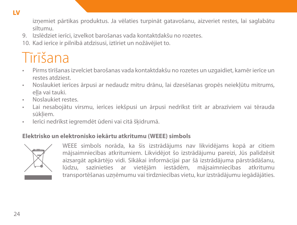 Tīrīšana | Acme GE100 User Manual | Page 24 / 106