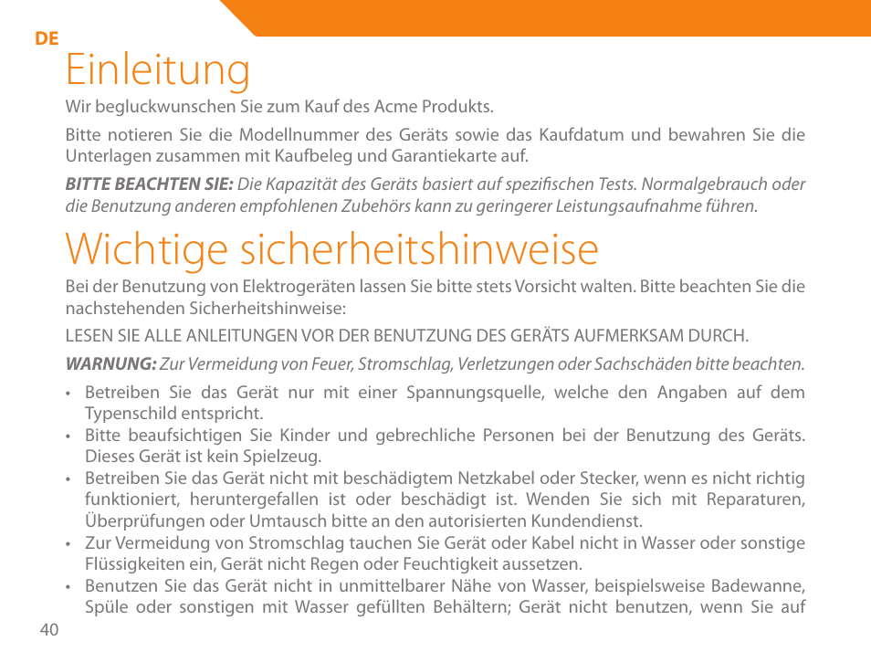 Einleitung, Wichtige sicherheitshinweise | Acme GE100 User Manual | Page 40 / 106