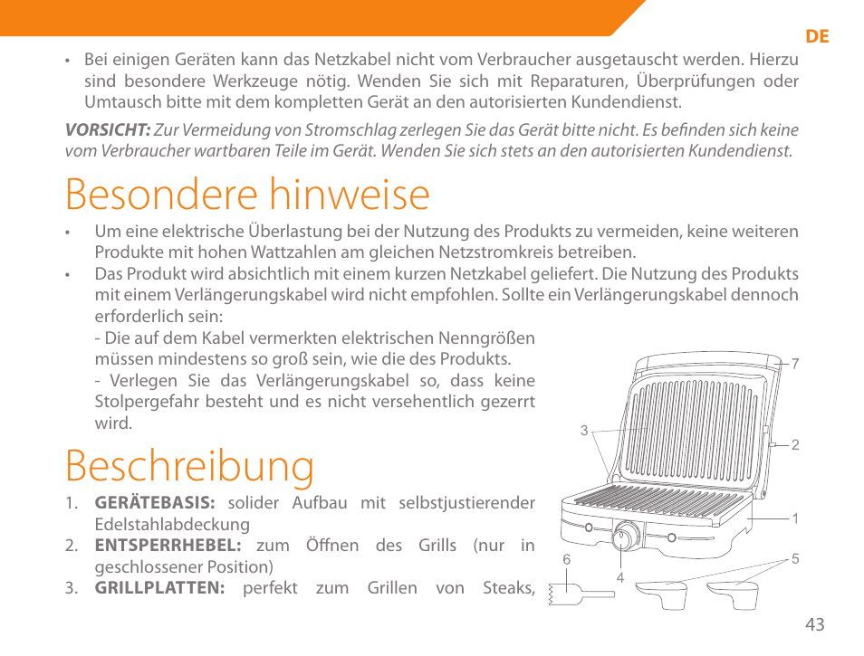 Besondere hinweise, Beschreibung | Acme GE100 User Manual | Page 43 / 106