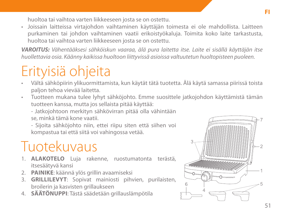 Erityisiä ohjeita, Tuotekuvaus | Acme GE100 User Manual | Page 51 / 106