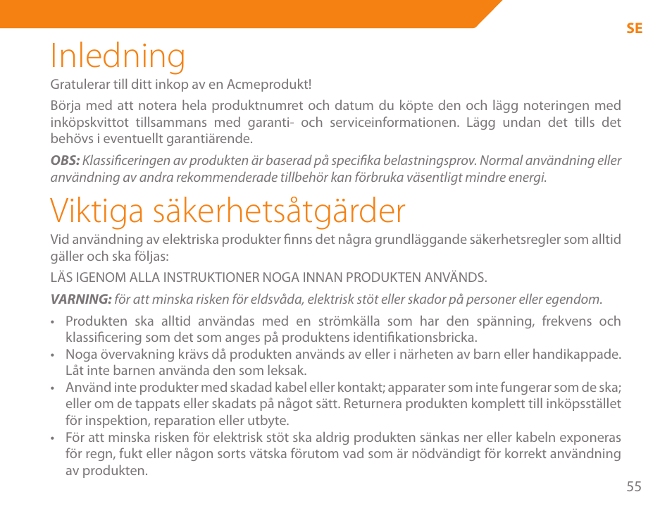 Inledning, Viktiga säkerhetsåtgärder | Acme GE100 User Manual | Page 55 / 106