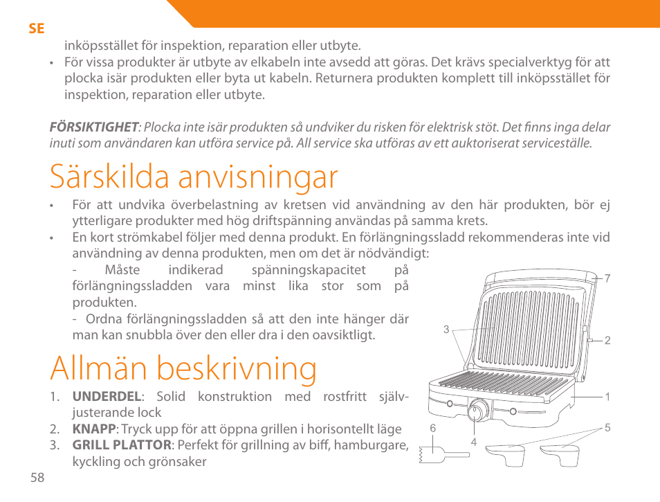 Särskilda anvisningar, Allmän beskrivning | Acme GE100 User Manual | Page 58 / 106