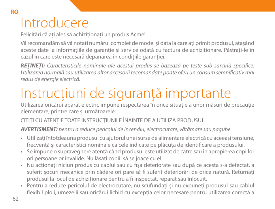 Introducere, Instrucţiuni de siguranţă importante | Acme GE100 User Manual | Page 62 / 106