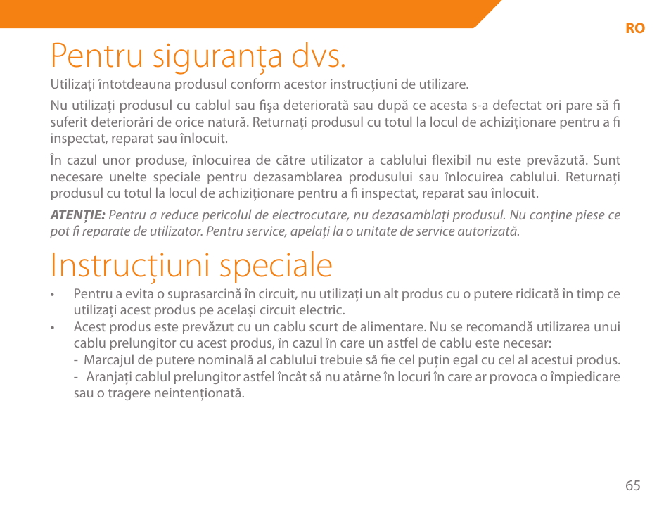 Pentru siguranţa dvs, Instrucţiuni speciale | Acme GE100 User Manual | Page 65 / 106