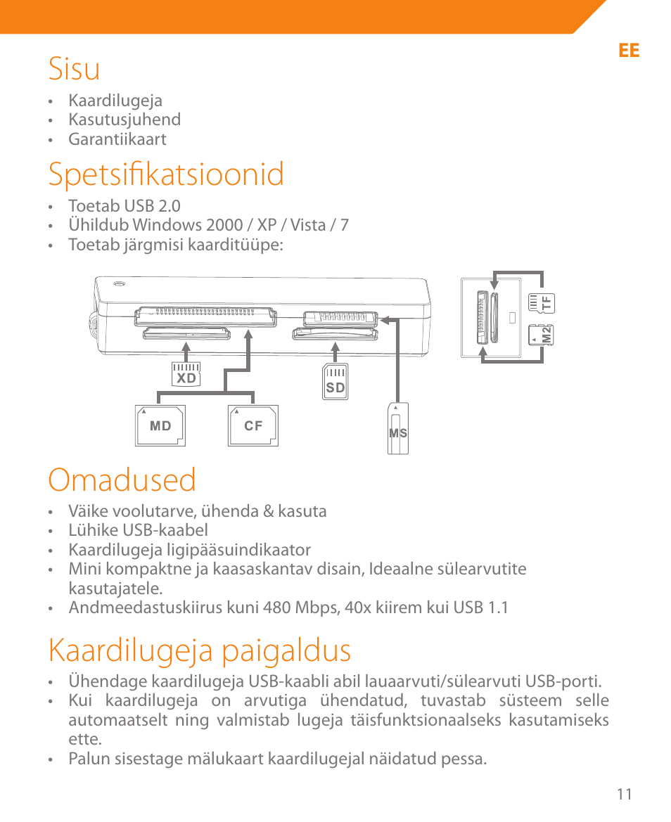 Sisu, Spetsifikatsioonid, Omadused | Kaardilugeja paigaldus | Acme CR03 User Manual | Page 11 / 44