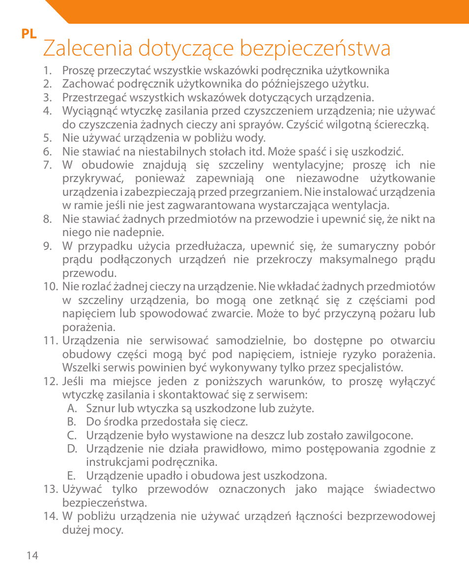 Zalecenia dotyczące bezpieczeństwa | Acme CR03 User Manual | Page 14 / 44