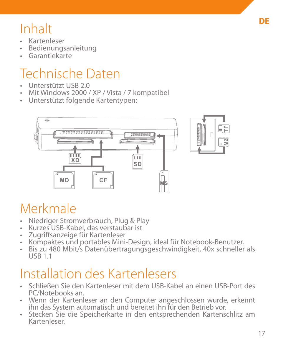 Inhalt, Technische daten, Merkmale | Installation des kartenlesers | Acme CR03 User Manual | Page 17 / 44