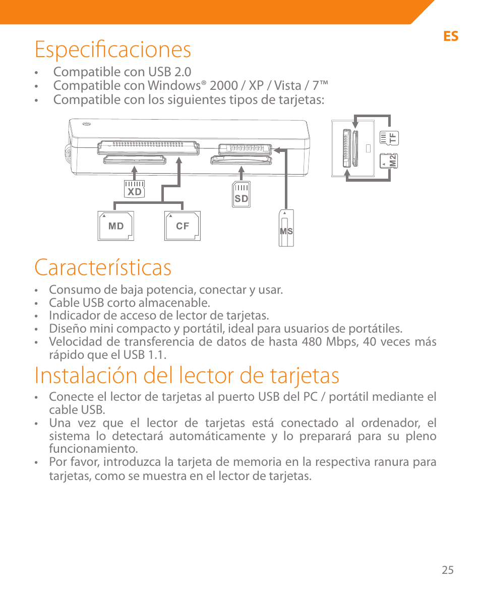 Especificaciones, Características, Instalación del lector de tarjetas | Acme CR03 User Manual | Page 25 / 44
