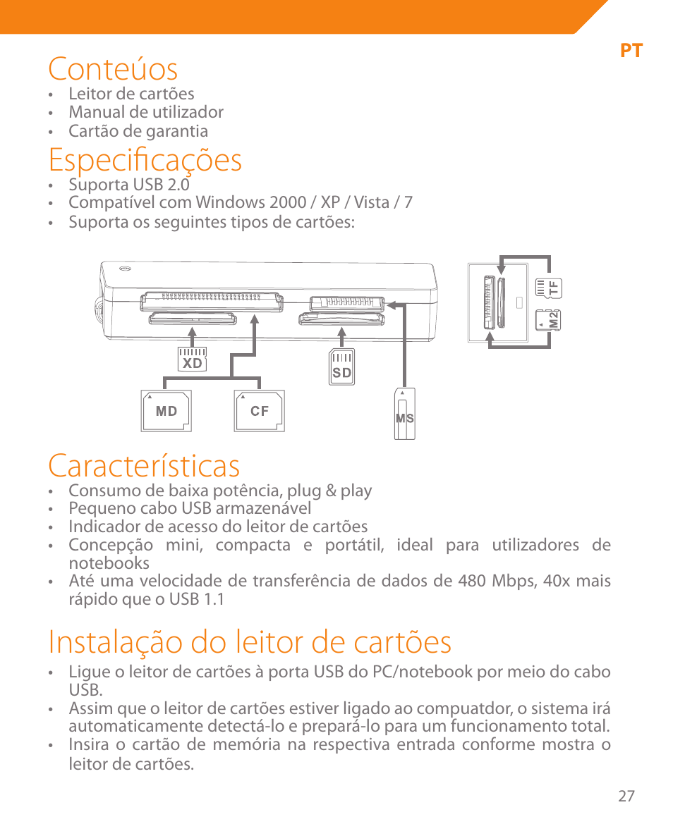 Conteúos, Especificações, Características | Instalação do leitor de cartões | Acme CR03 User Manual | Page 27 / 44