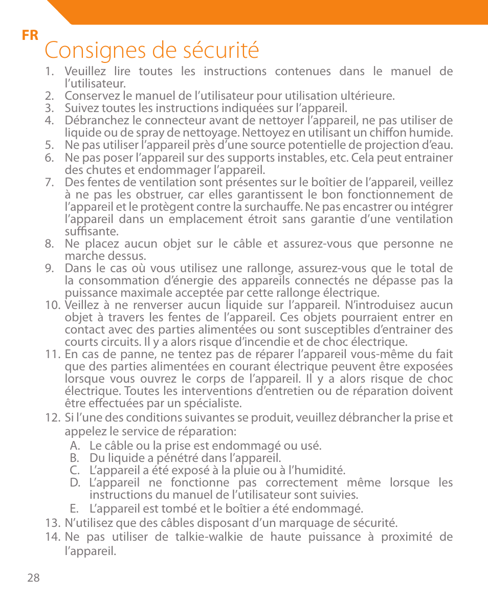 Consignes de sécurité | Acme CR03 User Manual | Page 28 / 44