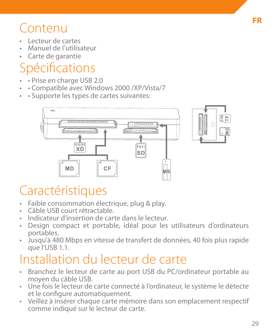 Contenu, Spécifications, Caractéristiques | Installation du lecteur de carte | Acme CR03 User Manual | Page 29 / 44