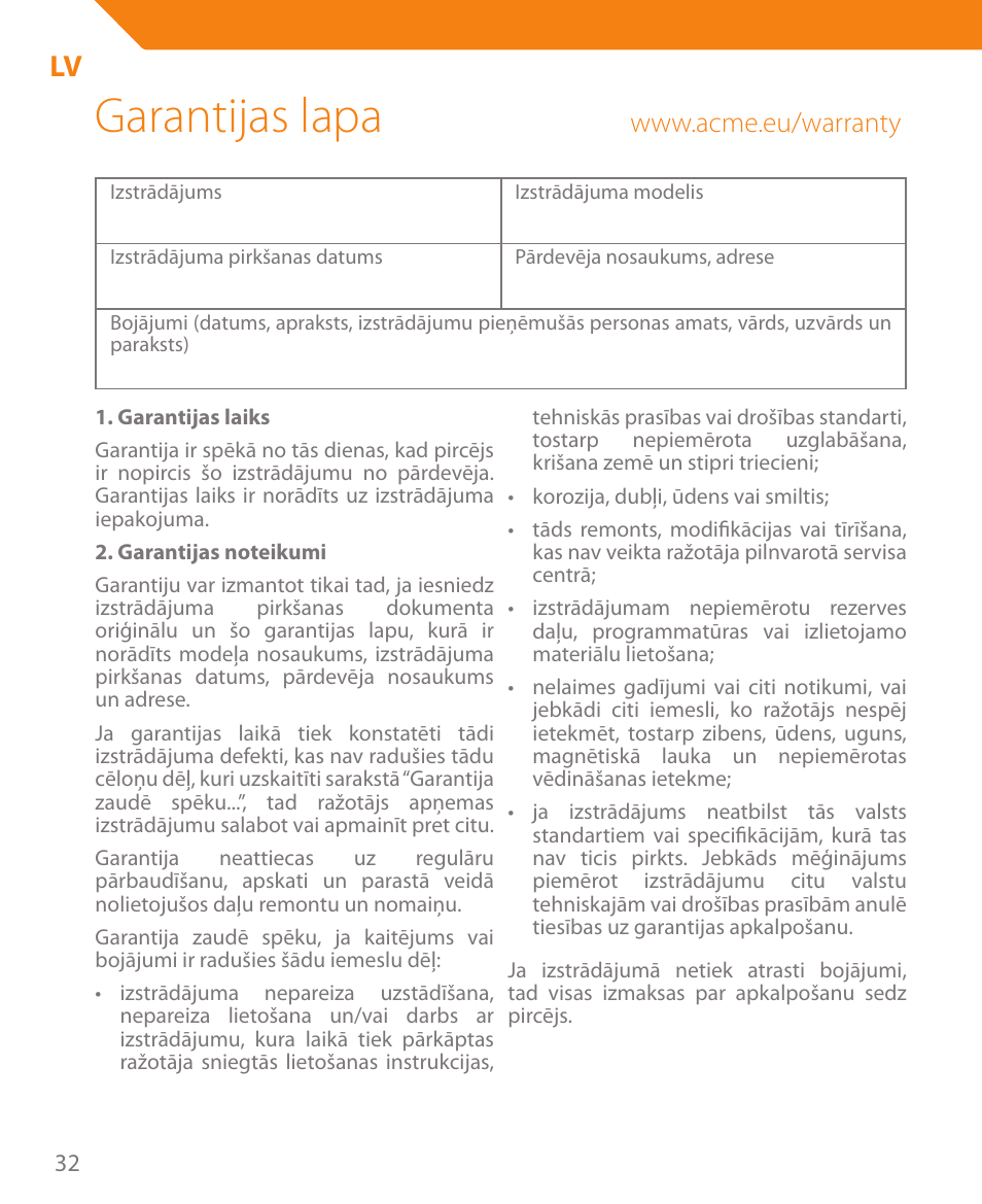 Garantijas lapa | Acme CR03 User Manual | Page 32 / 44