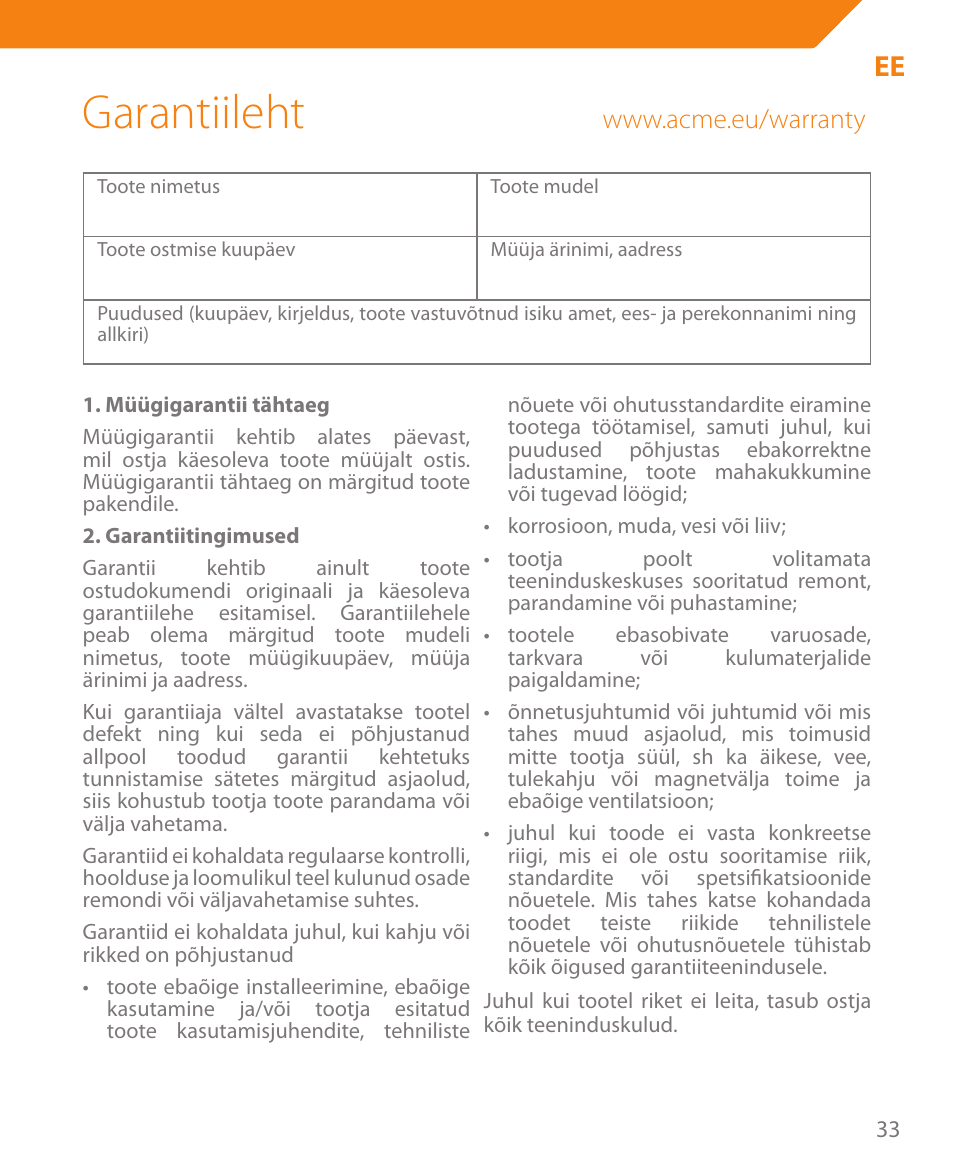 Garantiileht | Acme CR03 User Manual | Page 33 / 44