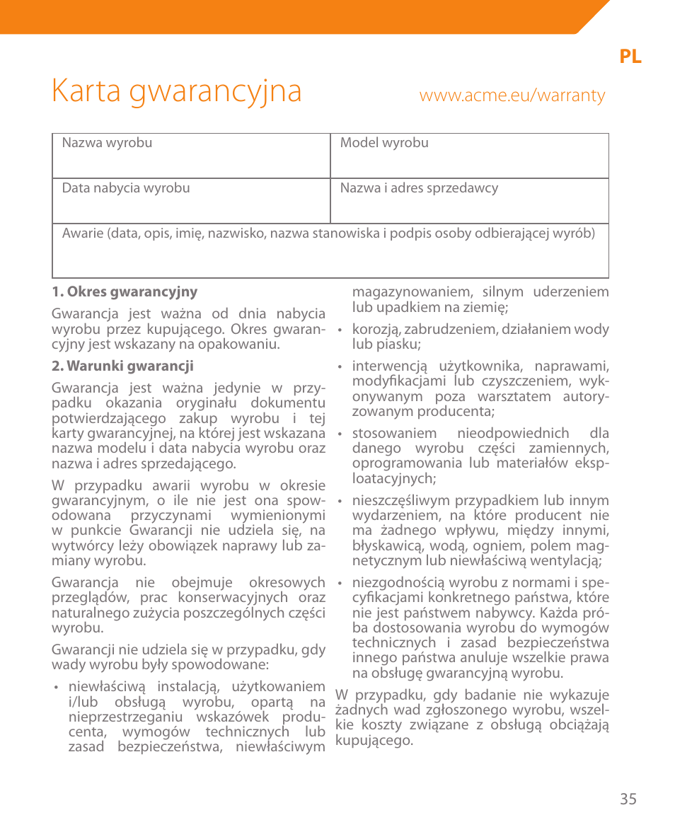 Karta gwarancyjna | Acme CR03 User Manual | Page 35 / 44