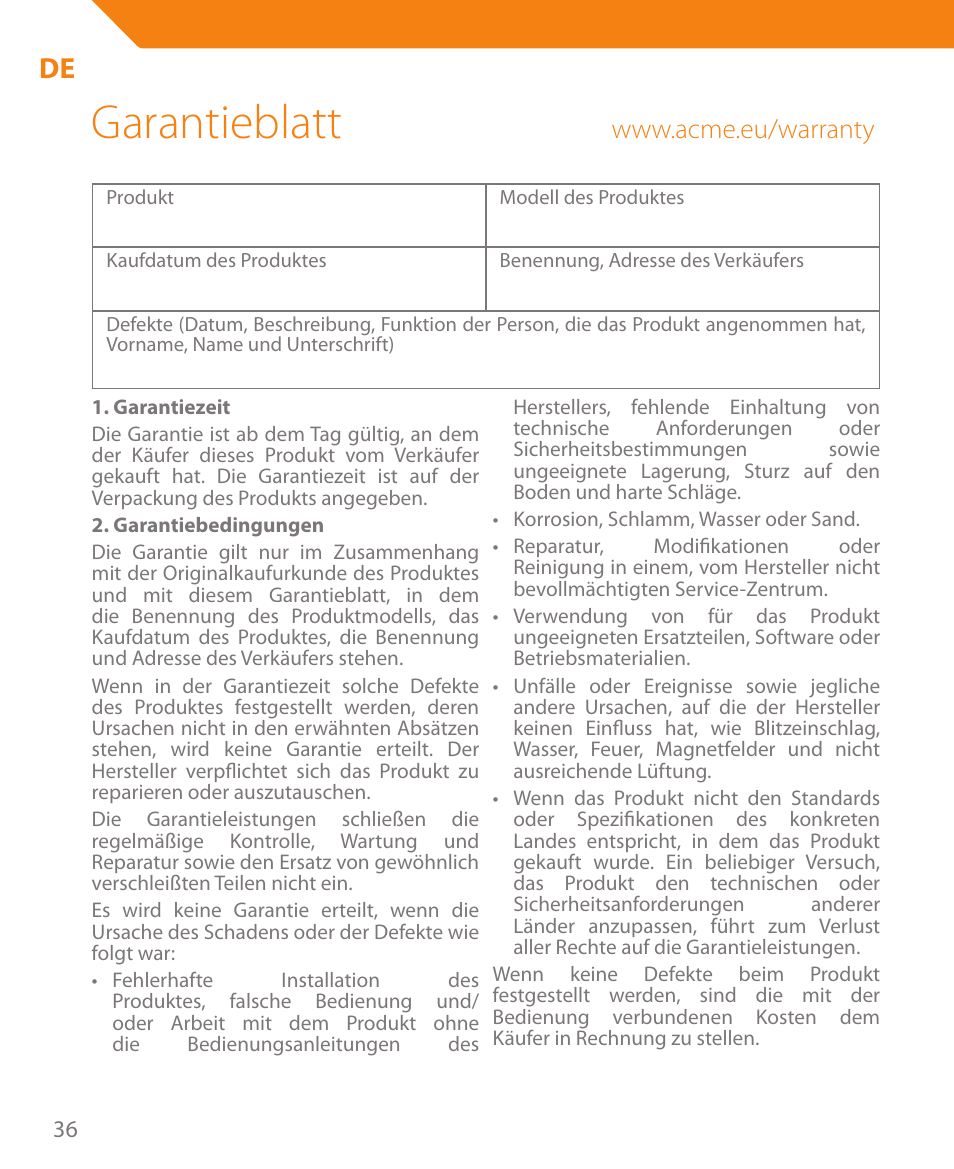 Garantieblatt | Acme CR03 User Manual | Page 36 / 44