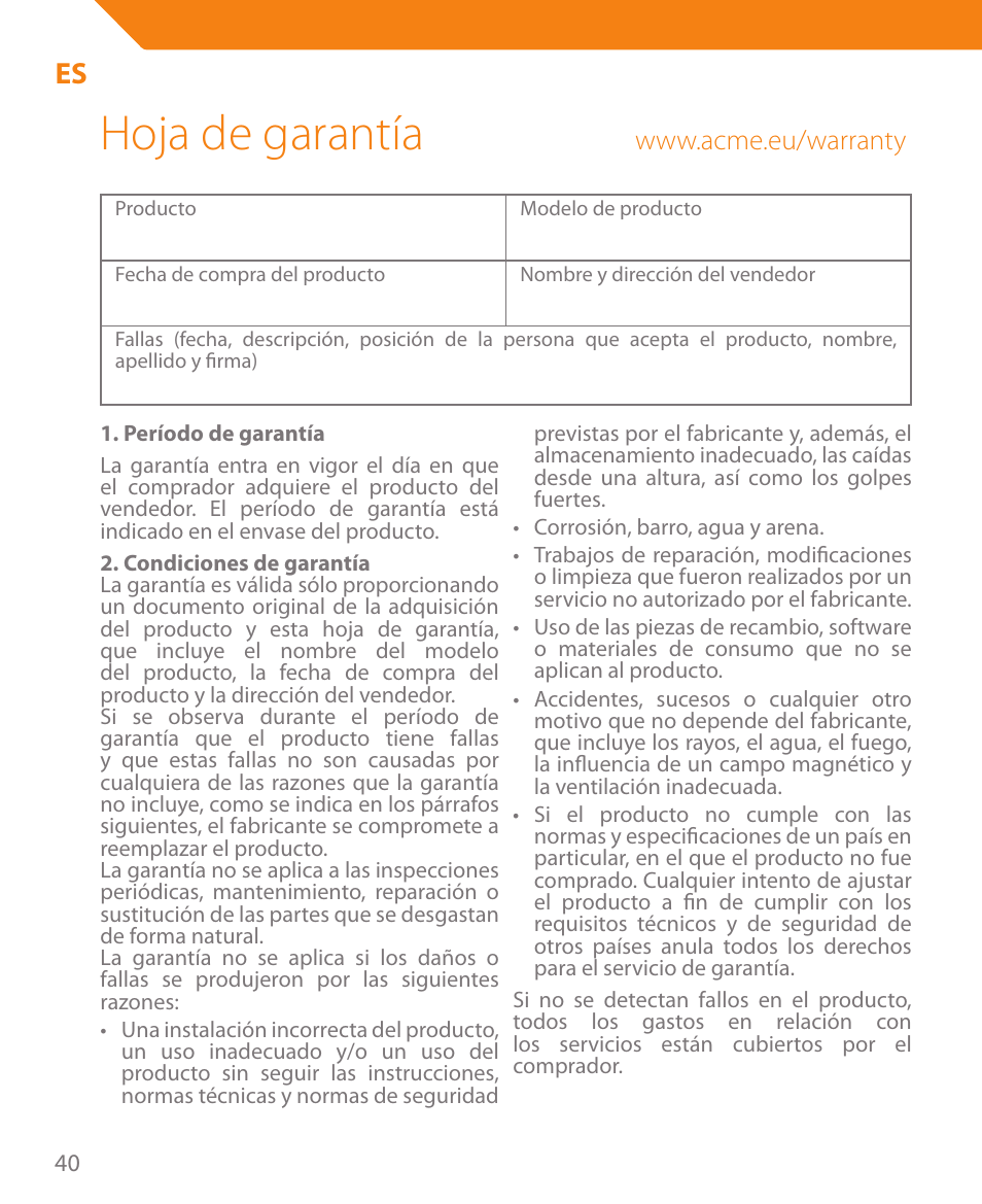 Hoja de garantía | Acme CR03 User Manual | Page 40 / 44