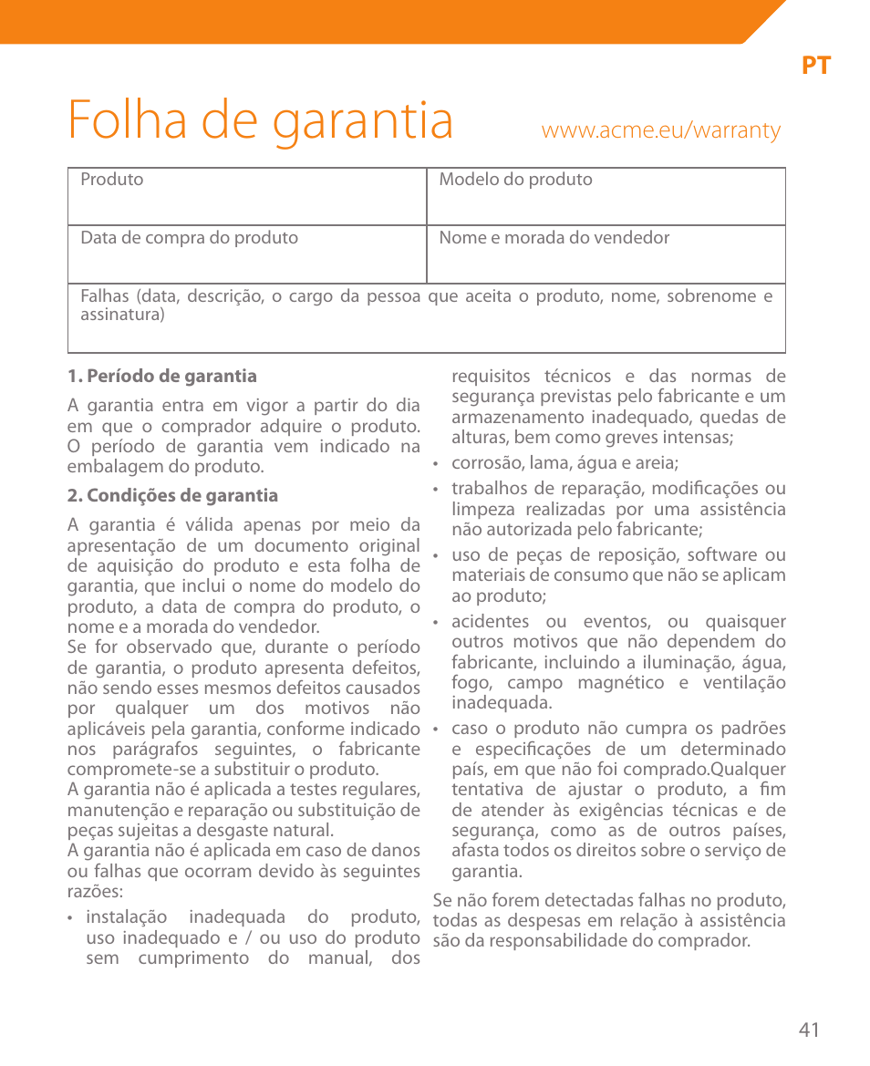 Folha de garantia | Acme CR03 User Manual | Page 41 / 44