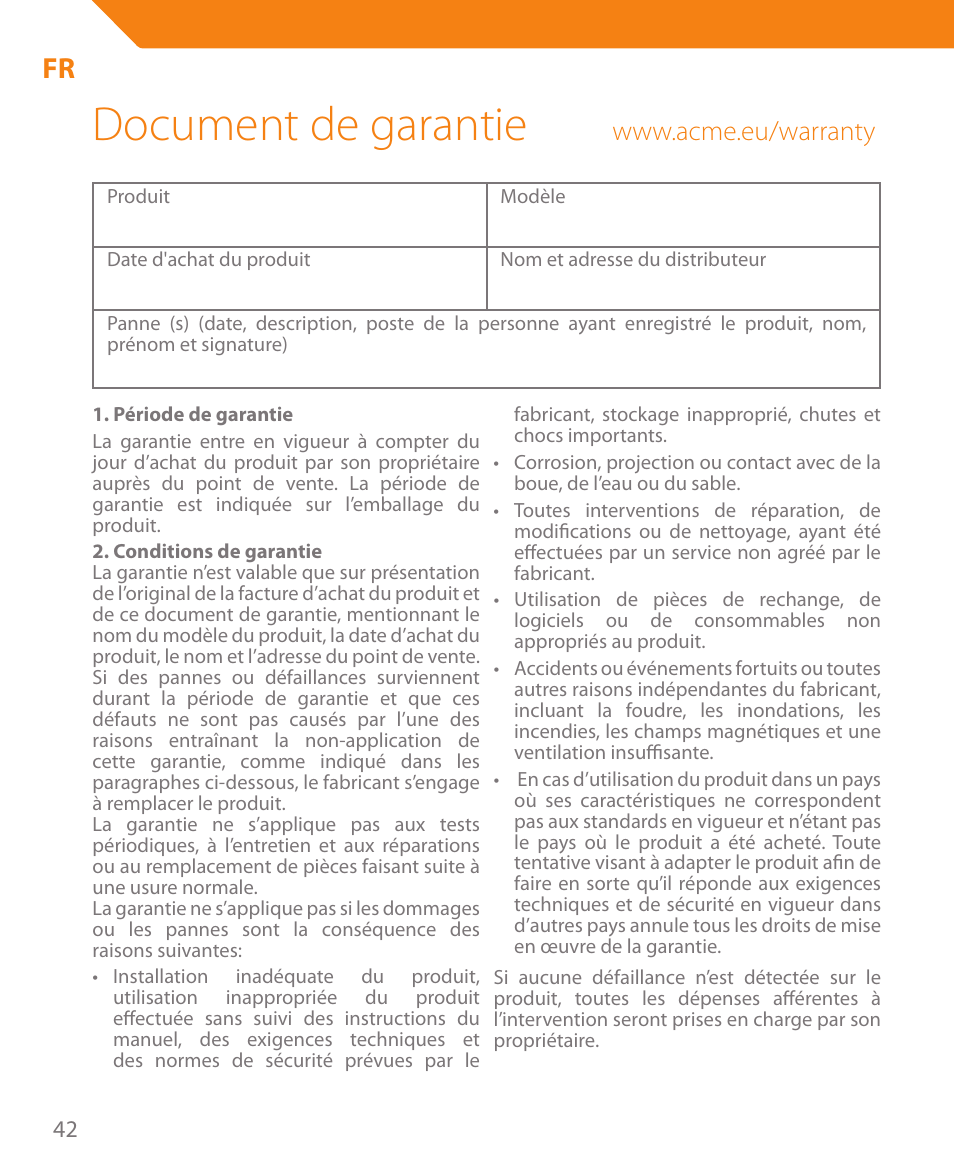 Document de garantie | Acme CR03 User Manual | Page 42 / 44