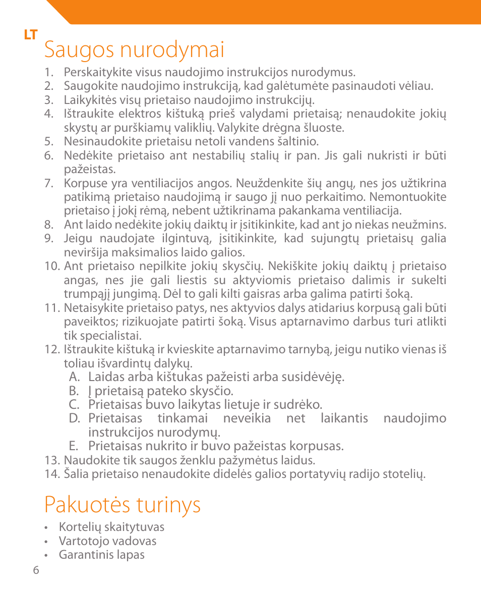 Saugos nurodymai, Pakuotės turinys | Acme CR03 User Manual | Page 6 / 44