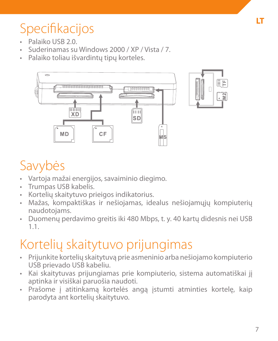 Specifikacijos, Savybės, Kortelių skaitytuvo prijungimas | Acme CR03 User Manual | Page 7 / 44