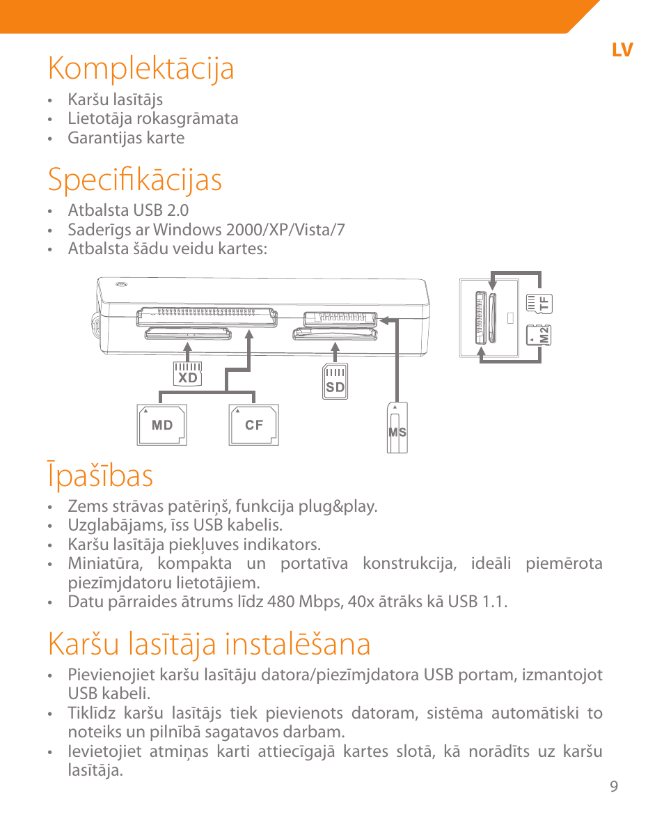 Komplektācija, Specifikācijas, Īpašības | Karšu lasītāja instalēšana | Acme CR03 User Manual | Page 9 / 44