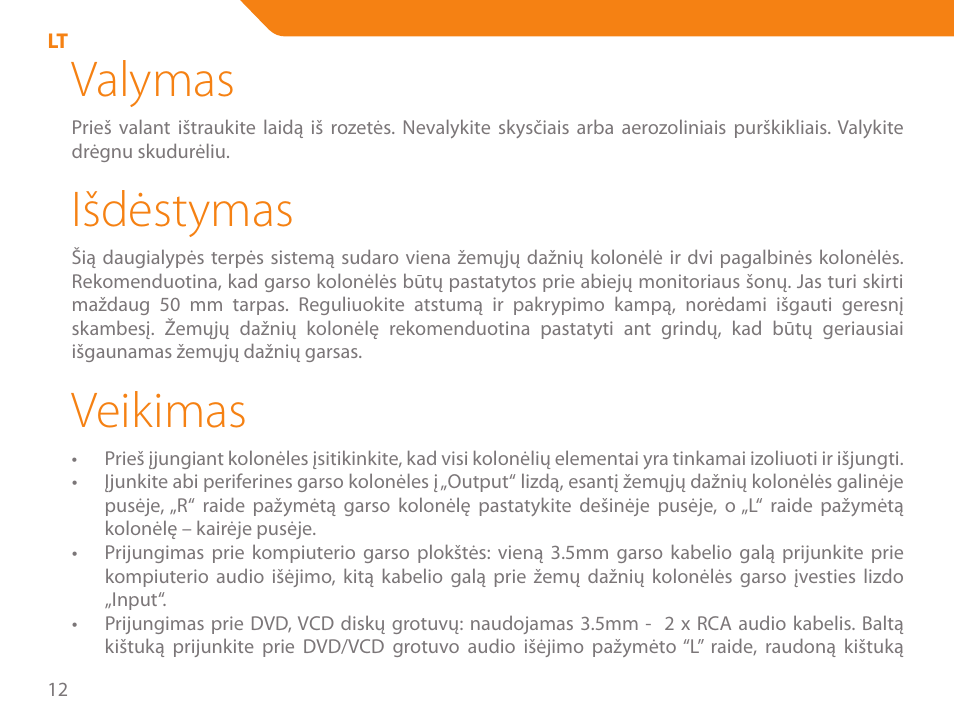 Valymas, Išdėstymas, Veikimas | Acme SS205 User Manual | Page 12 / 78