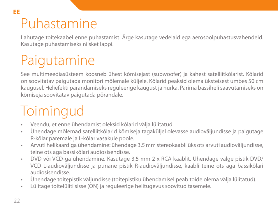 Puhastamine, Paigutamine, Toimingud | Acme SS205 User Manual | Page 22 / 78
