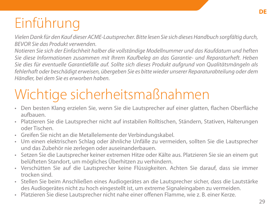 Einführung, Wichtige sicherheitsmaßnahmen | Acme SS205 User Manual | Page 29 / 78