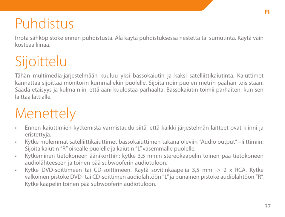 Puhdistus, Sijoittelu, Menettely | Acme SS205 User Manual | Page 37 / 78