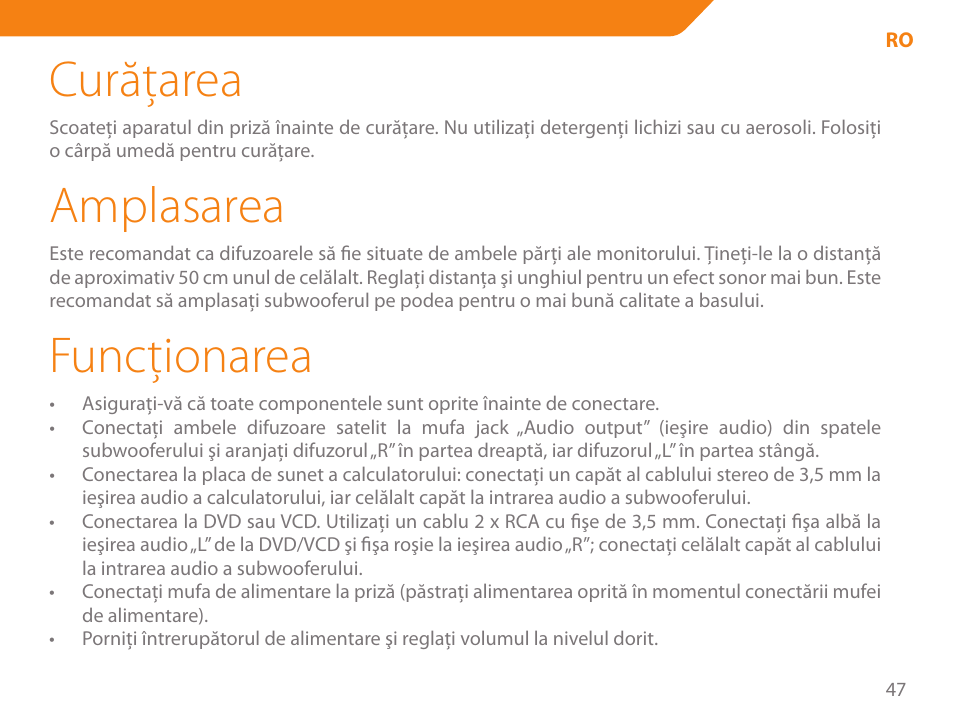 Curăţarea, Amplasarea, Funcţionarea | Acme SS205 User Manual | Page 47 / 78