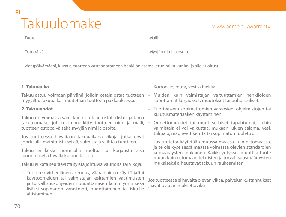 Takuulomake | Acme SS205 User Manual | Page 70 / 78