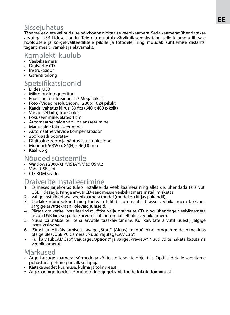 Sissejuhatus, Komplekti kuulub, Spetsifikatsioonid | Nõuded süsteemile, Draiverite installeerimine, Märkused | Acme CA09 User Manual | Page 5 / 8