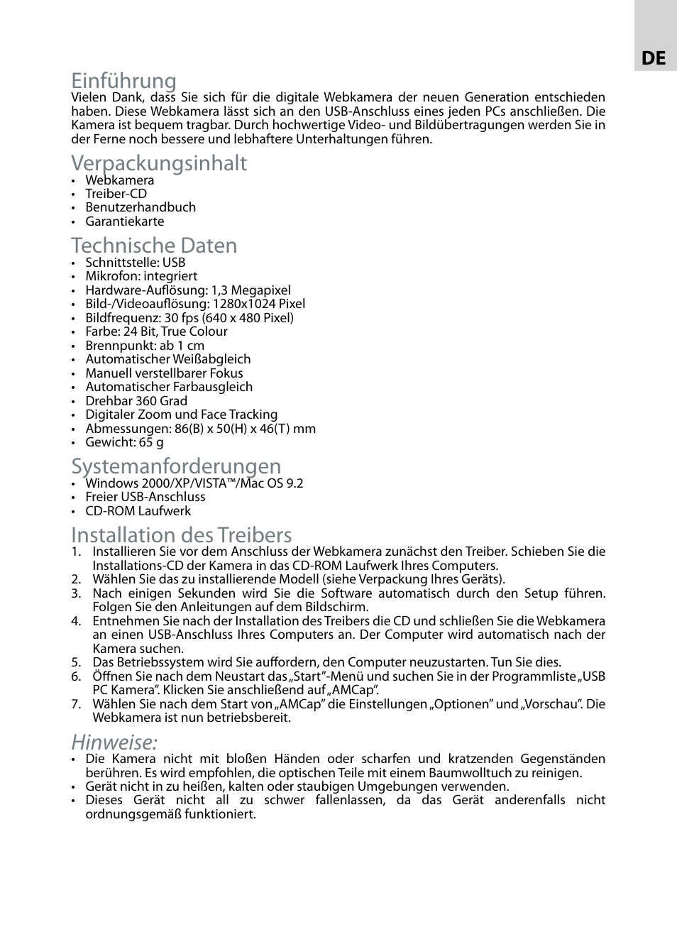 Einführung, Verpackungsinhalt, Technische daten | Systemanforderungen, Installation des treibers, Hinweise | Acme CA09 User Manual | Page 7 / 8