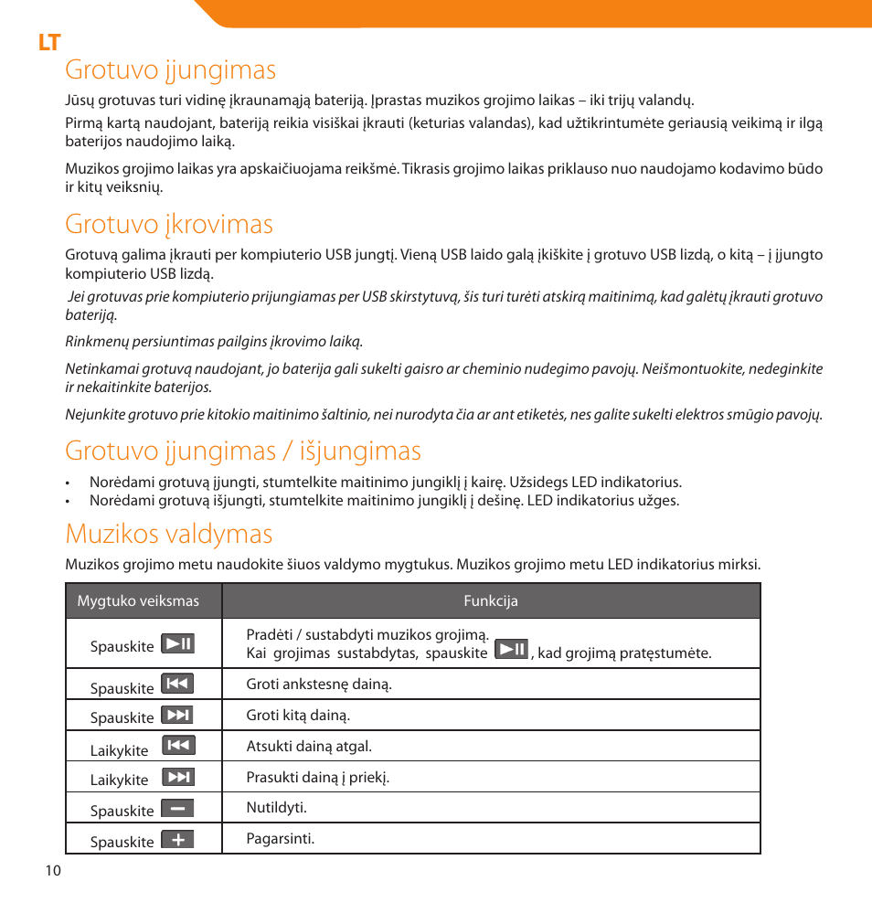 Grotuvo įjungimas, Grotuvo įkrovimas, Grotuvo įjungimas / išjungimas | Muzikos valdymas | Acme V-150 User Manual | Page 10 / 46